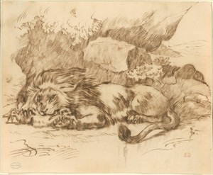 Lion Devouring a Rabbit by Eugène Delacroix, created n.d., in Pen and brown iron gall ink, over graphite, on ivory laid paper, laid down on ivory Japanese paper — Illustration Background