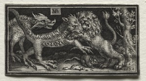 Lion Fighting two Beasts by Nicolaes de Bruyn, created 1594, in engraving. Download this artwork as a high-resolution wallpaper for desktop, tablet, or mobile. — Nicolaes de Bruyn Wallpaper