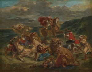 Lion Hunt by Eugène Delacroix, created 1860–61, in Oil on canvas. Download this artwork as a high-resolution wallpaper for desktop, tablet, or mobile. — Travel Background