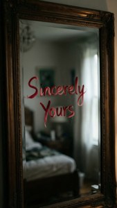 Spiegel met 'Sincerely Yours' in lippenstift, sfeervolle intieme kamerreflectie.
