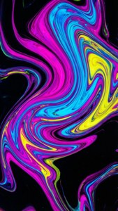 Levende abstrakte malingshvirvler med høj mætning på en dyb sort baggrund, ideel til AMOLED-skærme.