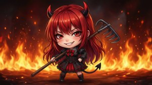 Chibi-djävulsflicka med högaffel och lågor