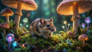 Un lemming dans une forêt magique avec des champignons géants.