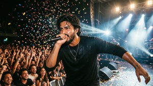 Emiway Bantai på scenen med publikum og konfetti, live koncert.