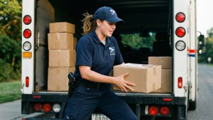 Postbode laadt pakketten in de USPS-trackingvrachtwagen.