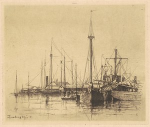 Loading Up by Charles A. Platt, created 1881, in etching in black on laid paper. Download this artwork as a high-resolution wallpaper for desktop, tablet, or mo