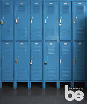 Blue metal lockers in a school hallway with padlocks and silver latches.