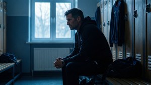Manajer sepak bola di ruang ganti wallpaper kontemplatif dan murung