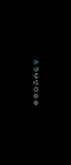 Seven glowing elemental symbols from Genshin Impact arranged vertically on black background. — Lockscreen Background