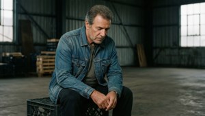 Elias Koteas siede pensieroso in un loft industriale con toni attenuati.