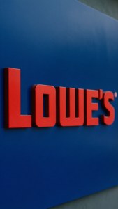 Bold Lowe's logo close-up on blue background.