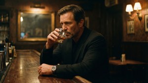 Sullivan Stapleton in einer schwach beleuchteten Bar mit Whiskey.