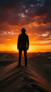 Eine Silhouette einer Person auf einer Düne, die den Sonnenuntergang beobachtet.