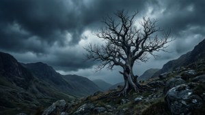 En stemningsfuld, filmisk digital kunstscene af et goldt træ på et klippefyldt bjerg under stormfulde himmelstrøg