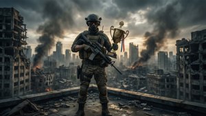 Un operador solitario celebra la victoria en una azotea con un trofeo en una ciudad destruida.