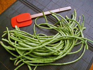 Fresh green beans and red spatula on bamboo mat.