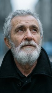 Een oudere man met een witte baard die omhoog kijkt in overpeinzing.