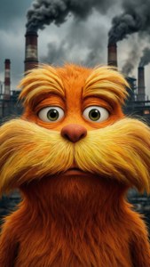 Un primo piano drammatico del Lorax con uno sfondo inquinato