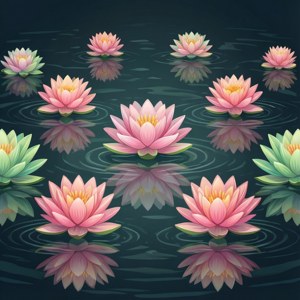 Ein ruhiges, symmetrisches Muster aus schwebenden Lotusblumen mit gespiegelten Reflexionen.