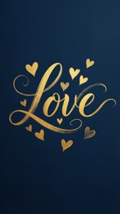 Romantisches Kalligrafie-Liebes-Tapeten mit goldenen Herzen auf Marineblau