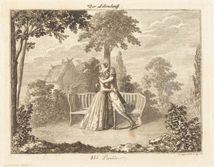 Lovers by Daniel Nikolaus Chodowiecki, created 1793, in etching. Download this artwork as a high-resolution wallpaper for desktop, tablet, or mobile. — Daniel Nikolaus Chodowiecki Wallpaper