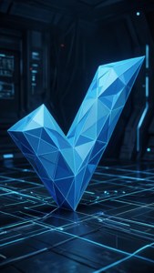 Tanda centang biru low-poly dengan garis grid neon dalam suasana teknologi.