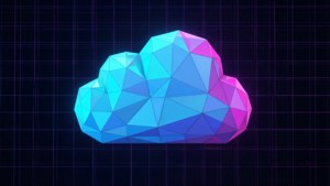 Cyberpunk OneDrive-bakgrunn med lavpoly-skyikon på rutenettbakgrunn.