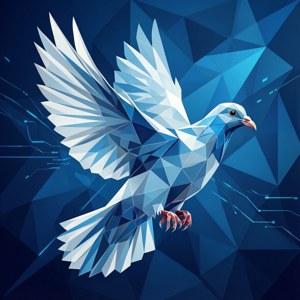 Geometric low poly dove in blue and white, modern abstract design.