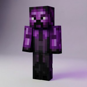 En lila och svart pixelerad Enderman-karaktär från Minecraft.