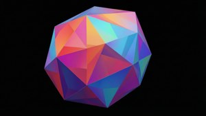 En abstrakt lavpoly geometrisk formeffekt med livlige farger på gjennomsiktig bakgrunn.