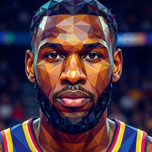 A geometric low-poly portrait of CJ McCollum with colorful triangles.