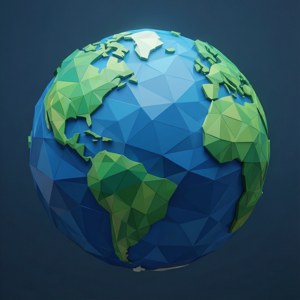 Terra low-poly geometrica con faccette triangolari, arte tech moderna