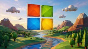 Eine 3D-Low-Poly-Landschaft mit einem blockigen Microsoft-Logo am Himmel.
