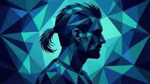 Eine geometrische Low-Poly-Mullet-Silhouette in Blau und Türkis.