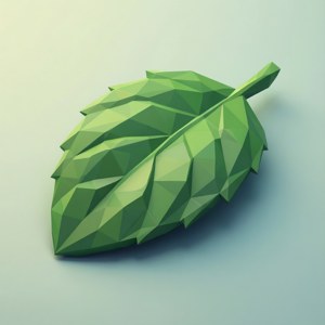 Geometrisk low-poly 3D pebermynteblad i moderne minimalistisk isometrisk stil.