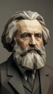 Un rendu 3D low poly géométrique d'Engels, mêlant art moderne et figure historique.