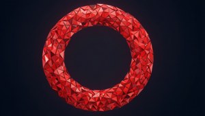A red polygonal ring with sharp facets glowing against a dark background. — Red Circle Wallpaper