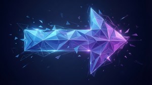Abstract low-poly wallpaper with a refresh arrow in blue and purple.