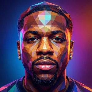 A stylized digital portrait of a man with a geometric face design and colorful lighting. — Fetty Wap Wallpaper