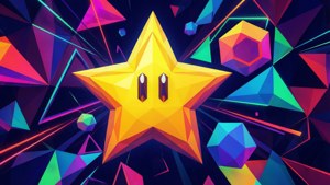 Mario Star dalam latar belakang geometris low poly yang penuh warna.