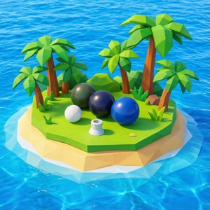 Uma renderização 3D low-poly divertida de um conjunto de petanque em uma ilha de verão