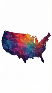 Sfondo geometrico low poly del contorno della mappa degli Stati Uniti con colori vivaci.