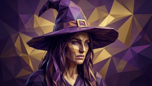 Geometrische Low-Poly-Hexe in Lila und Gold