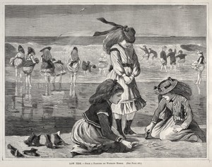Low Tide by Winslow Homer, created 1870, in wood engraving. Download this artwork as a high-resolution wallpaper for desktop, tablet, or mobile. — Winslow Homer Wallpaper