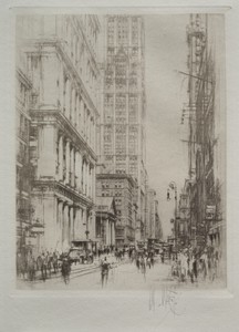 Lower Broadway by William Walcot, created 1923, in drypoint. Download this artwork as a high-resolution wallpaper for desktop, tablet, or mobile. — Art Picture