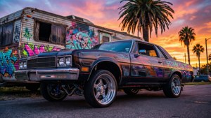 En neongraffiti-tapet av en lowrider i en trailerpark vid solnedgång.