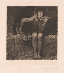 Lucifer by Franz von Stuck, created c. 1890, in Etching on chine collé, laid down on cream laid paper. Download this artwork as a high-resolution wallpaper for — Franz von Stuck Wallpaper