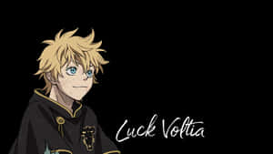 Personaggio anime Luck Voltia con capelli biondi e occhi azzurri che sorride su uno sfondo nero. — Sfondo di fortuna Voltia Sfondi
