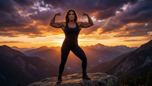 Luisa Madrigal showing her strength against a dramatic sunset mountain backdrop.
