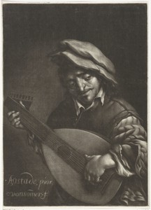 Luitspeler by Jan van Somer, created 1655 - 1700, in paper; mezzotint. Download this artwork as a high-resolution wallpaper for desktop, tablet, or mobile. — Jan van Somer Wallpaper